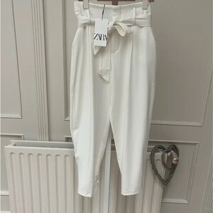 Zara White Paperbag Waist Tie Trousers